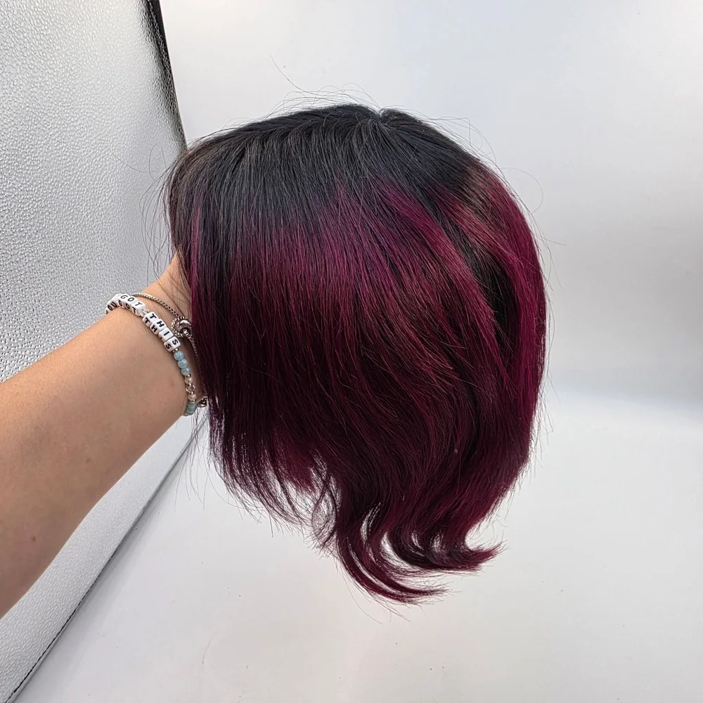 100% Human Hair Ombre Magenta Purple Bob Wig Dark Roots Layered Short Style